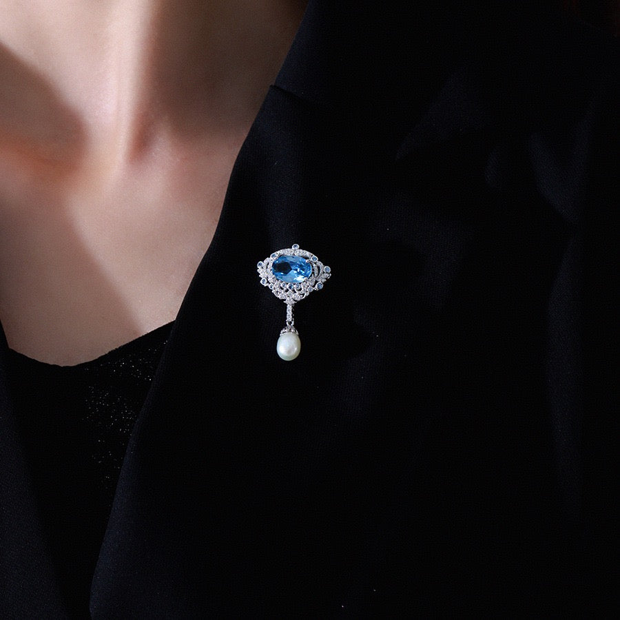 Natural Blue Spinel and Freshwater Pearl Brooch｜S925 Sterling Silver