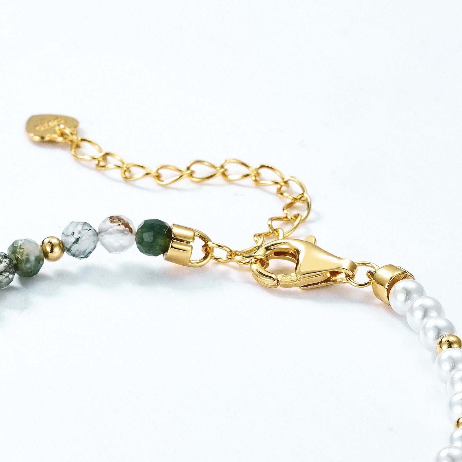 Natural Moss Agate and Pearl Bracelet | S925 Sterling Silver 10K Gold Plated