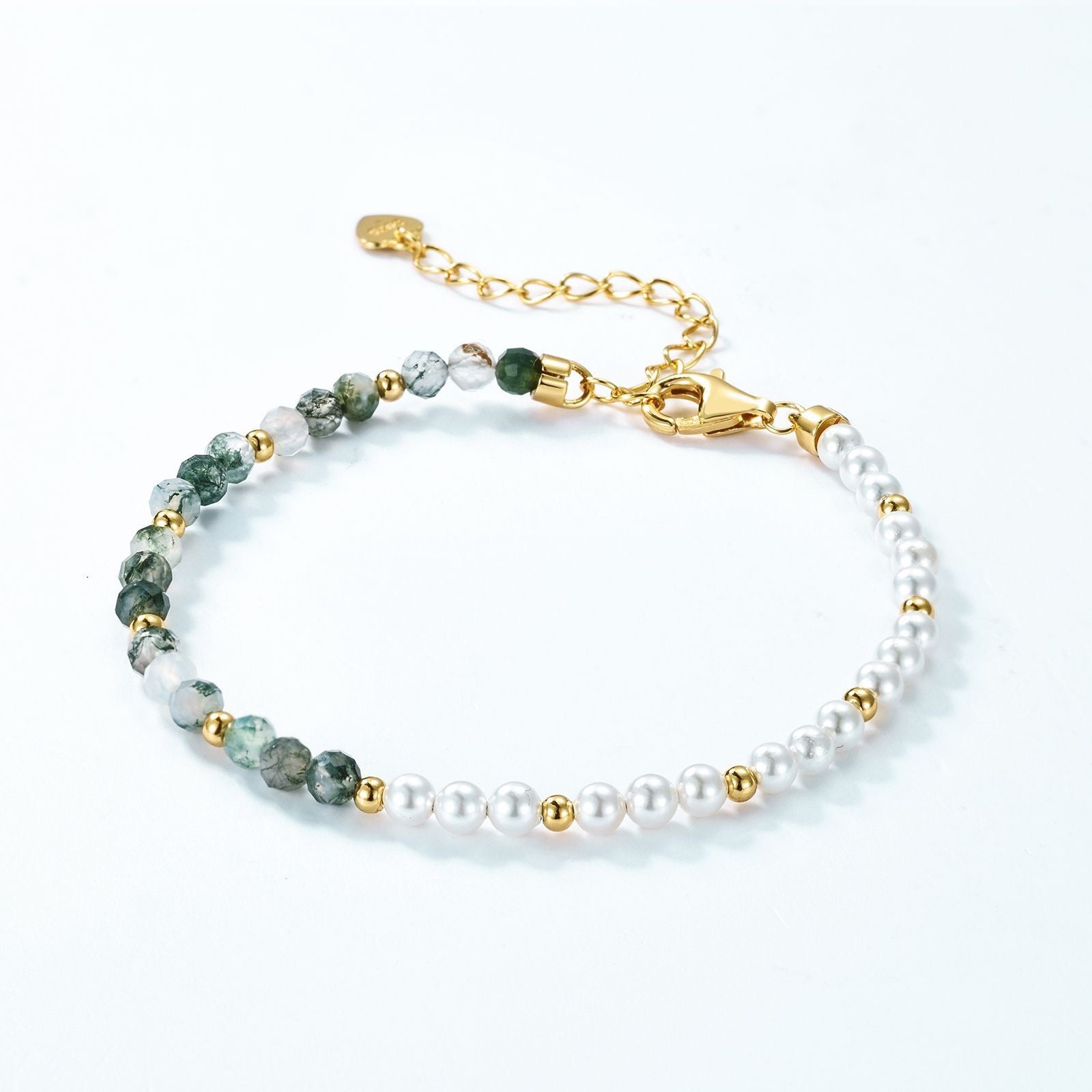 Natural Moss Agate and Pearl Bracelet | S925 Sterling Silver 10K Gold Plated