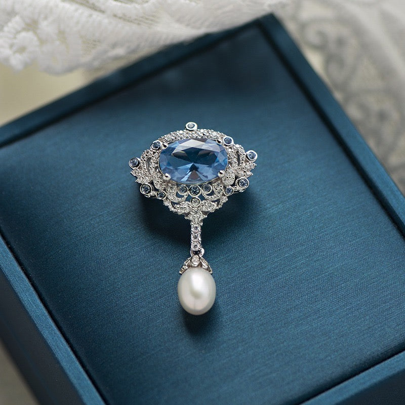 Natural Blue Spinel and Freshwater Pearl Brooch｜S925 Sterling Silver