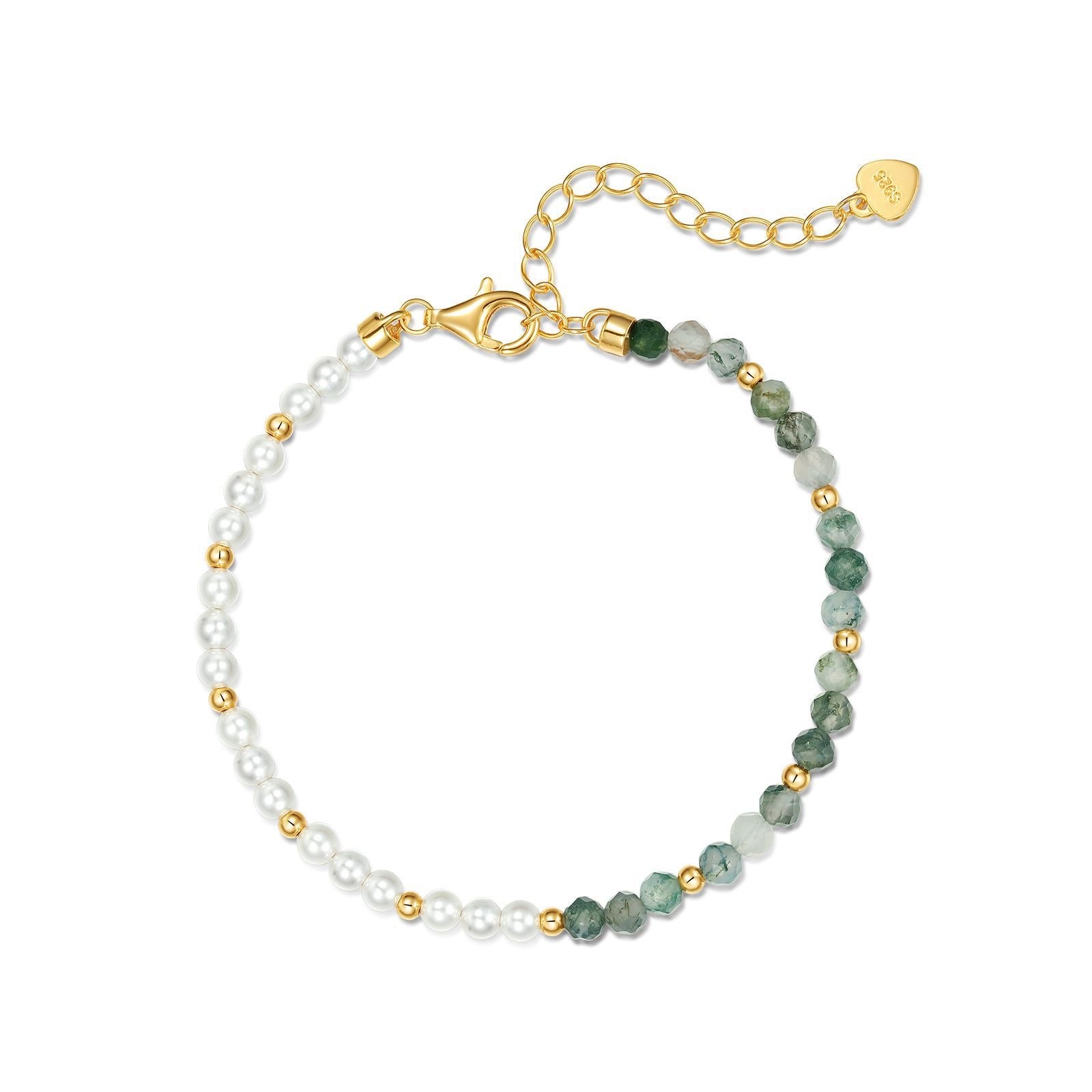 Natural Moss Agate and Pearl Bracelet | S925 Sterling Silver 10K Gold Plated